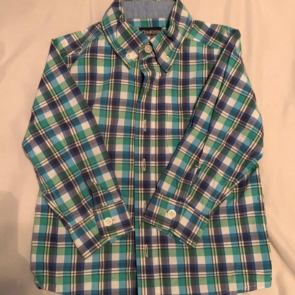 OshKosh B’gosh Boys 2T Green & Blue Plaid Button Down Shirt